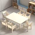 Kids White Table and Chair Set with Six Chairs and Wooden Bookshelves
