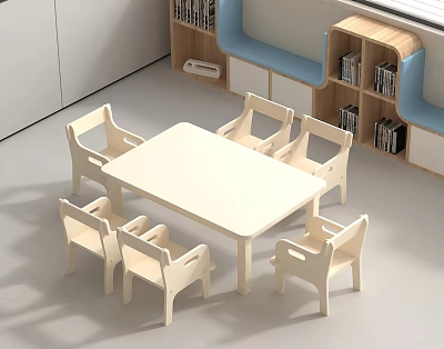 Kids White Table and Chair Set with Six Chairs and Wooden Bookshelves 3d model