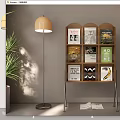 Modern Wooden Bookshelf With Stylish Books Floor Lamp And Open Book Design