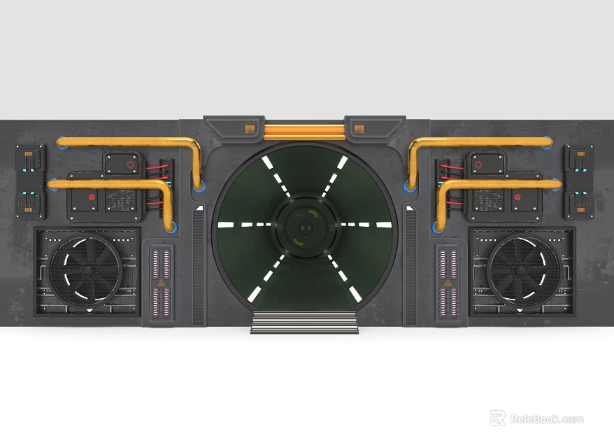 Cartoon Style Sci Fi Control Panel With Circular Hub Yellow Accent Lines And Dashboard Buttons 3d model 