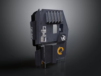 Black Mechanical Device With Yellow Circular Logo And Multiple Structural Panels 3d model