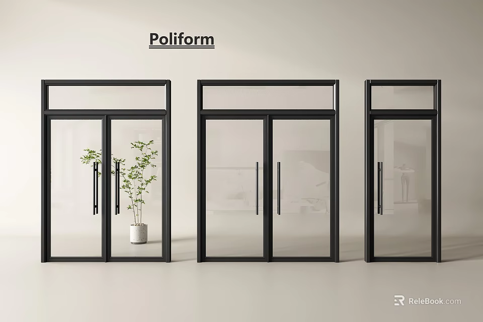 Poliform Double Glass Doors with Black Frames and Indoor Plant Decor 3d model 