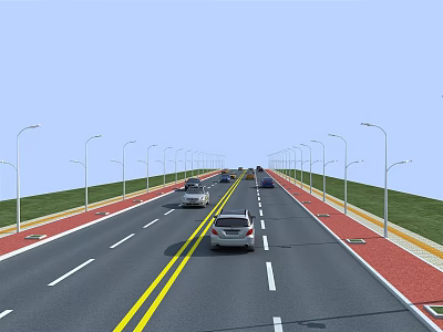 Road Infrastructure with Two Way Lanes Yellow Lines Street Lamps Green Verges and Moving Cars 3d model