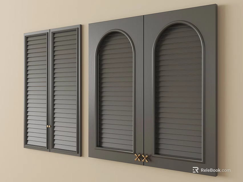 Dark Gray Wardrobe Doors With Louvered And Arched Designs And Golden Hardware 3d model 