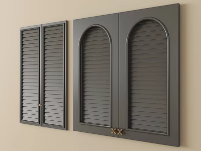 Dark Gray Wardrobe Doors With Louvered And Arched Designs And Golden Hardware 3d model