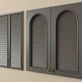 Dark Gray Wardrobe Doors With Louvered And Arched Designs And Golden Hardware