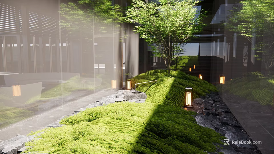 Courtyard Garden With Lush Greenery Tree Stones And Garden Lanterns Near Glass Walls 3d model 