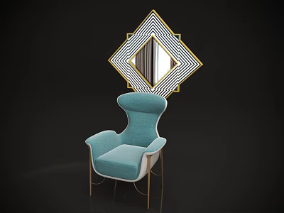 Turquoise Upholstered Accent Chair With Metal Legs And Diamond Shaped Mirror 3d model