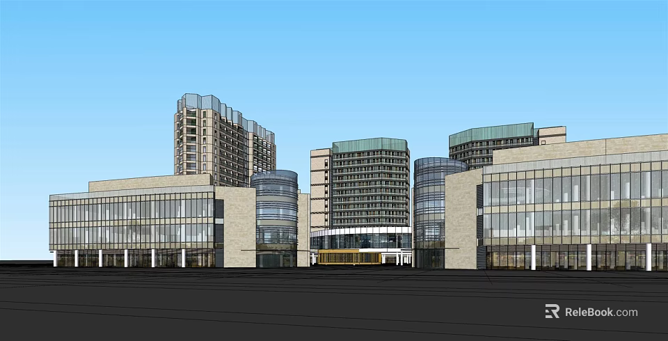 Modern Office Building Complex With Glass Facade And High Rise Structures 3d model 