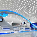 DJI Modern Exhibition Booth Design With Curved Structure Blue Lighting And Display Monitors 3d model