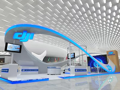DJI Modern Exhibition Booth Design With Curved Structure Blue Lighting And Display Monitors 3d model