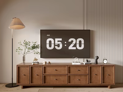 Modern Wooden TV Stand With Decorations And Floor Lamp In Living Room 3d model