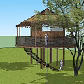 Wooden Treehouse Road Facilities Staircase With Round Roof Surrounding Trees And Lawn