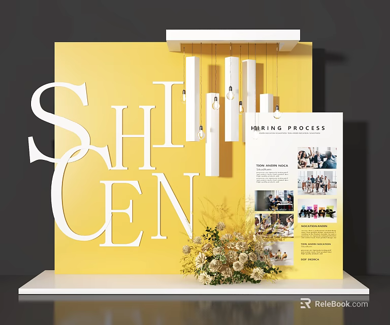 Stylish Floral Display with Yellow Background White 3D Letters Hanging Decorations and Process Brochure 3d model 