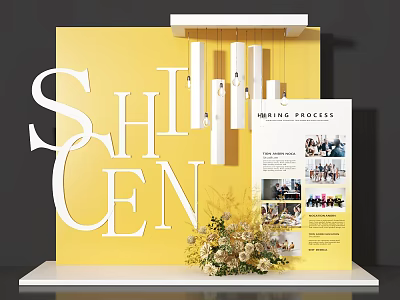 Stylish Floral Display with Yellow Background White 3D Letters Hanging Decorations and Process Brochure 3d model