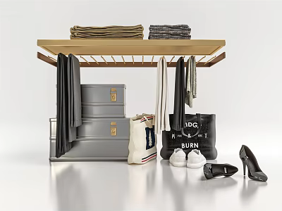 Functional Clothes Rack With Folded Clothes Hanging Apparel Bags And Shoes 3d model