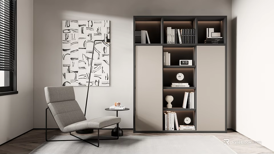 Modern Bookcase Interior With Shelves Books Decorative Items Grey Armchair And Abstract Painting 3d model 