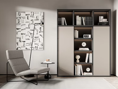 Modern Bookcase Interior With Shelves Books Decorative Items Grey Armchair And Abstract Painting 3d model
