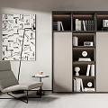 Modern Bookcase Interior With Shelves Books Decorative Items Grey Armchair And Abstract Painting
