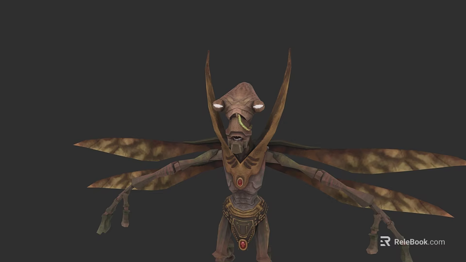 Mysterious Insect Like Fantasy Game Character With Large Wings Elongated Body And Decorative Patterns 3d model 