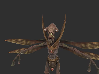 Mysterious Insect Like Fantasy Game Character With Large Wings Elongated Body And Decorative Patterns 3d model