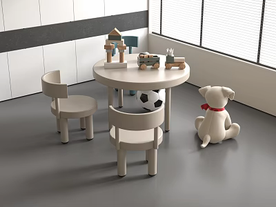 Round Kids Table With Matching Chairs Building Blocks Books and Soccer Ball in Modern Room 3d model