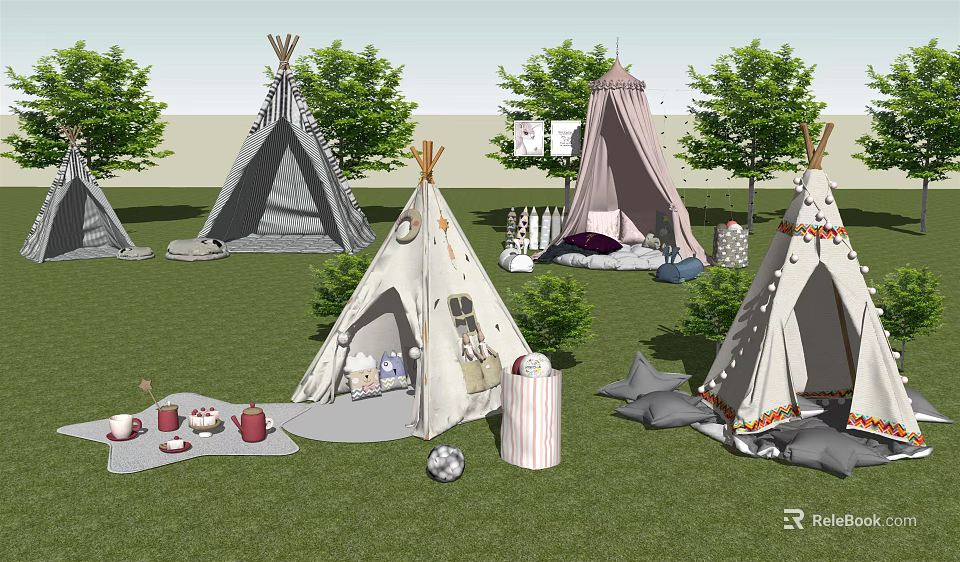 Colorful Teepee Tents Setup On Green Grass With Trees And Decorative Pillows 3d model 