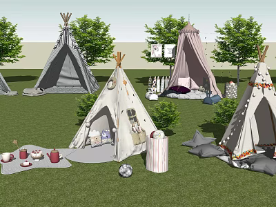 Colorful Teepee Tents Setup On Green Grass With Trees And Decorative Pillows 3d model