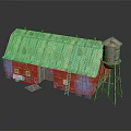 Cartoon Scene of Red Barn With Rusty Metal Roof Water Tower and Ladder