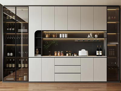 Elegant Modern Built-in Wine Cabinet Featuring Glass Doors LED Lighting Wine Bottles And Glassware 3d model