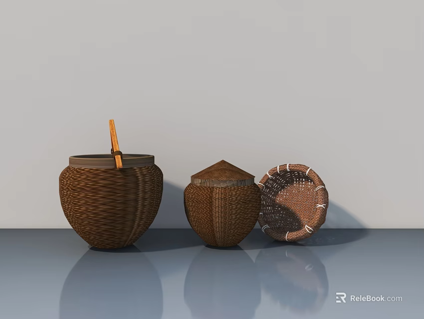 Wicker Storage Containers In Various Shapes And Sizes On Smooth Surface 3d model