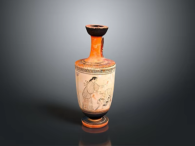 Ancient Ceramic Vase Sculpture With Painted Figure Design And Black Rim 3d model