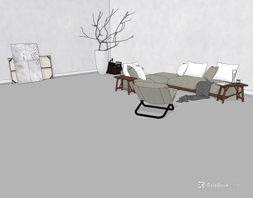 Modern Fabric Sofa Set With White Cushions Wooden Coffee Table And Decorative Branches 3d model 