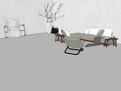 Modern Fabric Sofa Set With White Cushions Wooden Coffee Table And Decorative Branches 3d model