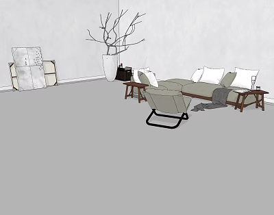 Modern Fabric Sofa Set With White Cushions Wooden Coffee Table And Decorative Branches 3d model