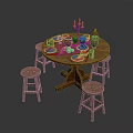 Round Wooden Dining Table With Surrounding Wooden Stools Tableware Fruits Candleholder And Clay Vase