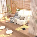Cozy White Lazy Sofa With Quilted Design In Bright Room With Wooden Blinds And Plants
