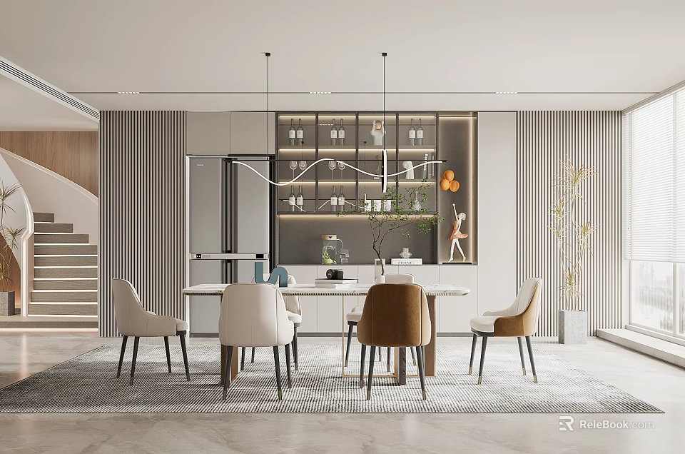 Elegant Modern Restaurant Interior With Dining Table Chairs And Pendant Lights 3d model