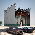 Ancient Chinese Architecture With Stone Lions Red Lanterns Eaves Roof And Wooden Door