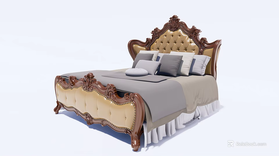 European Style Double Bed With Carved Frame Upholstered Headboard And Gray Bedding 3d model 