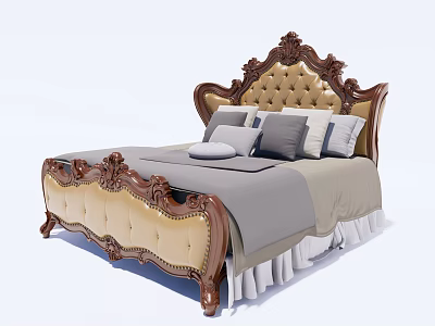 European Style Double Bed With Carved Frame Upholstered Headboard And Gray Bedding 3d model