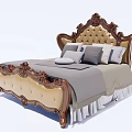 European Style Double Bed With Carved Frame Upholstered Headboard And Gray Bedding