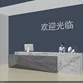 Marble Reception Desk 3D Model with Background Wall and Welcome Sign Staff Standing Near Computer 3d model