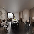 Modern Private Dining Room With Round Table Chairs Landscape Painting And City View