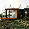 Modern House Exterior With Orange Perforated Wood Accent Wall Garden Stone Pathway And Surrounding Trees