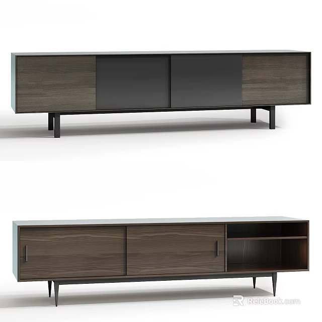Modern Wooden TV Stand With Dark Cabinet Doors Drawers Open Storage And Metal Legs 3d model 
