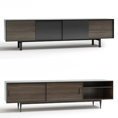 Modern Wooden TV Stand With Dark Cabinet Doors Drawers Open Storage And Metal Legs 3d model