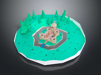 Cartoon Scene With Central Castle Surrounded By Green Trees Circular Landscape Pathway And Water Elements 3d model