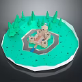Cartoon Scene With Central Castle Surrounded By Green Trees Circular Landscape Pathway And Water Elements