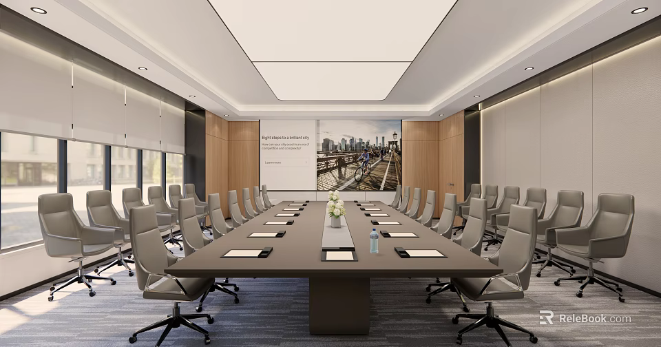 Spacious Conference Room With Long Meeting Table Gray Rolling Chairs And Projection Screen 3d model 